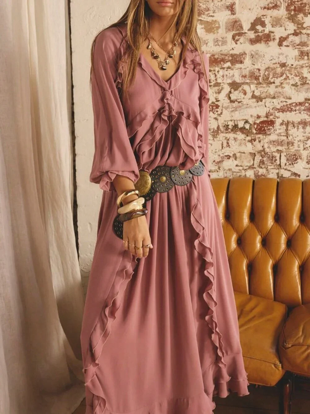 Dusty Pink Boho Beauty Women's Ruffled detailed Maxi Dress - Picture 2 of 11